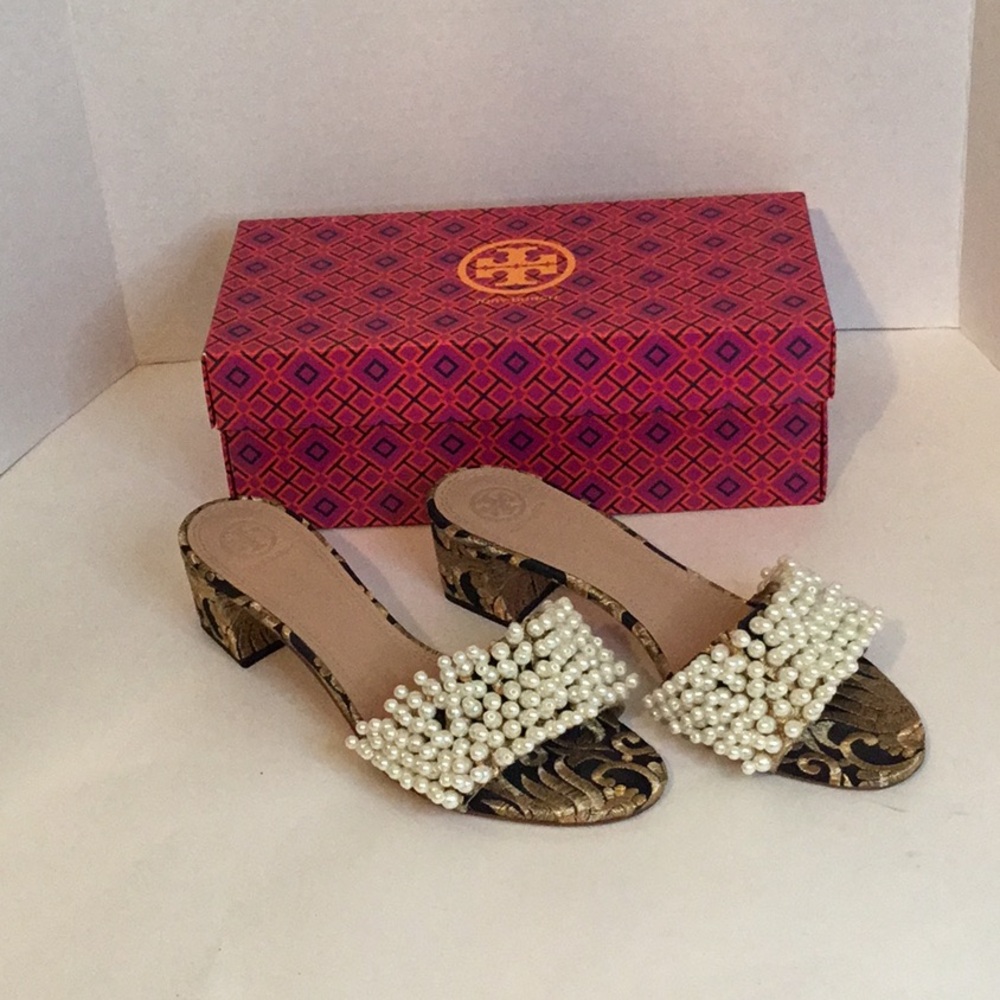 Tory Burch Black & Gold Brocade Pearl-Embellished Slide Sandals